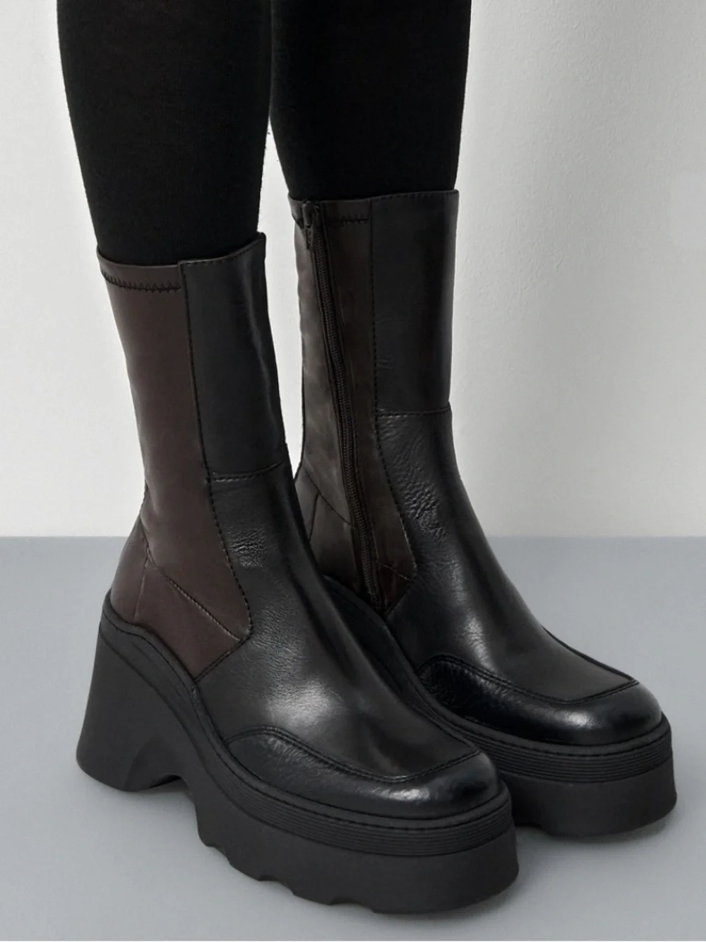 Miista Deandra Platform Mid-Calf Leather Boots in Dark Brown/Black 6.5